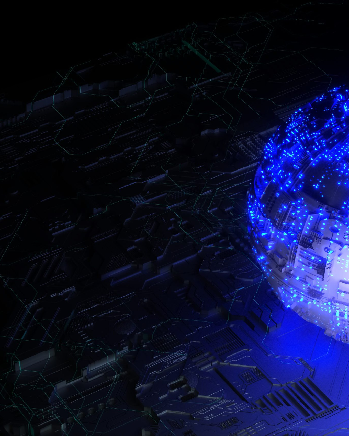 blue glowing sphere sitting on black circuit board
