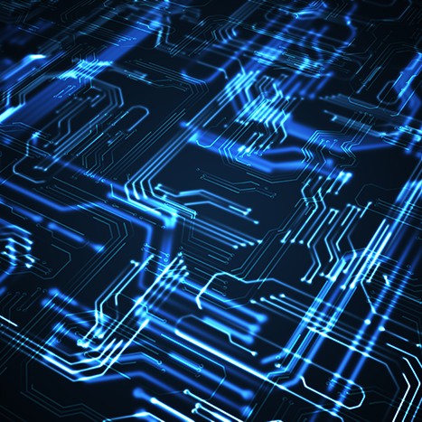 Quantum computing concept. Abstract glowing electronic circuit.