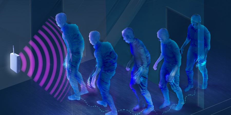 graphic in shades of blue and purple of person walking through room near wireless sensor