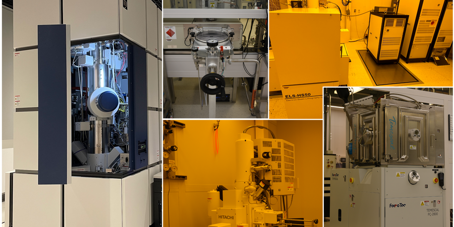 nanotechnology equipment installed at MIT.nano, some shown in regualr light and others shown in orange tone clean room lighting