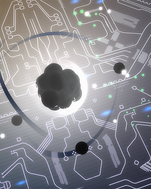 quantum particle with computer board in background all in shades of grey