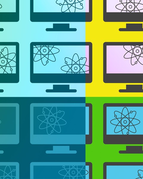 A grid of computer screens each have atom icons inside, each containing 1 or 2 icons. Color overlays divide the image into 4 colorful quadrants.
