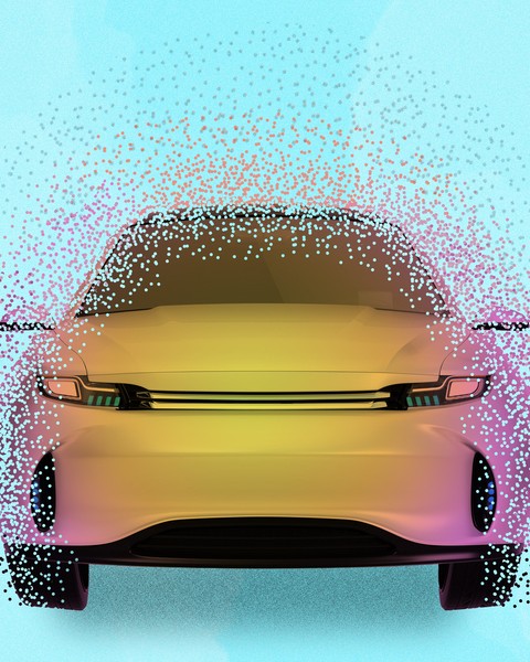 An image of a yellow and pink car with dissolved edges is shown with a blue background.