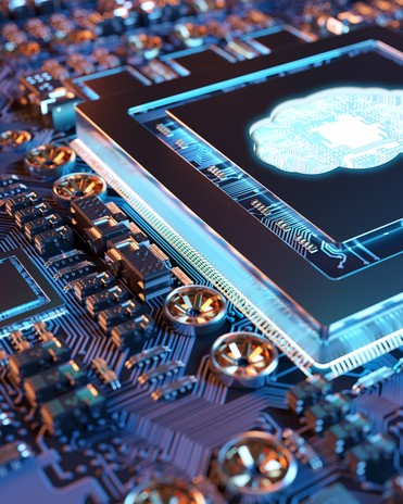 Artificial Intelligence brain shape in a complex and modern GPU card in shades of purple, blue, and gold