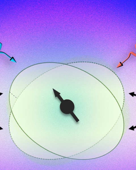 Against a pink background, a blue and red laser beam shoot down from the top as wavey arrows. They point to a beige atomic nucleus with a gauge needle in the center pointing left, signifying spin direction.