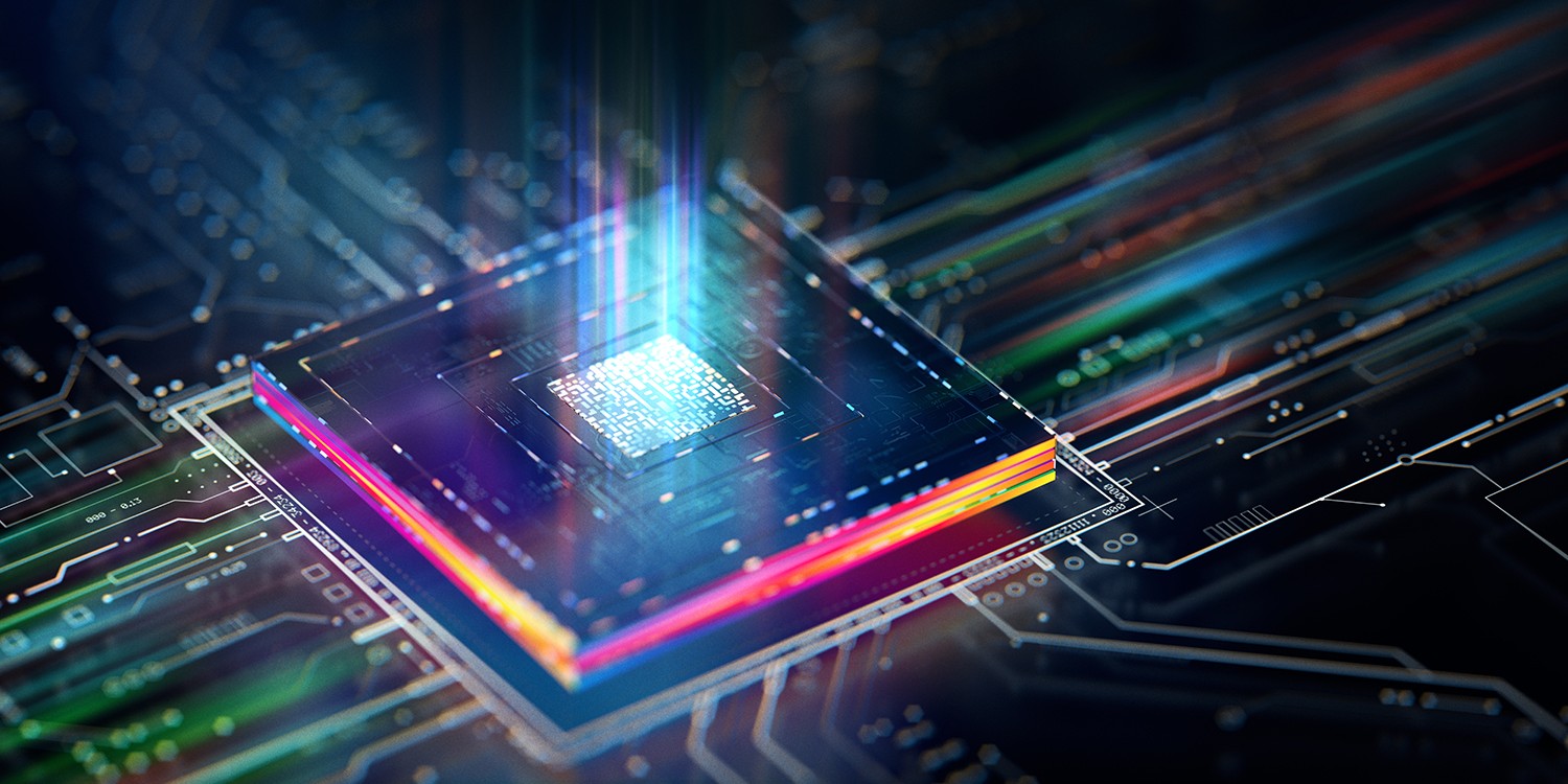 Futuristic central processor unit. Powerful Quantum CPU on PCB motherboard with data transfers.