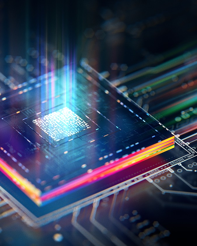 Futuristic central processor unit. Powerful Quantum CPU on PCB motherboard with data transfers.