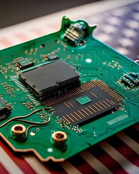 Photo of a computer chip sitting atop an image of an American flag