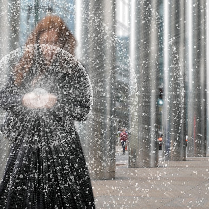 Visualization of the signals coming from a phone being carried by a woman in a city business location.