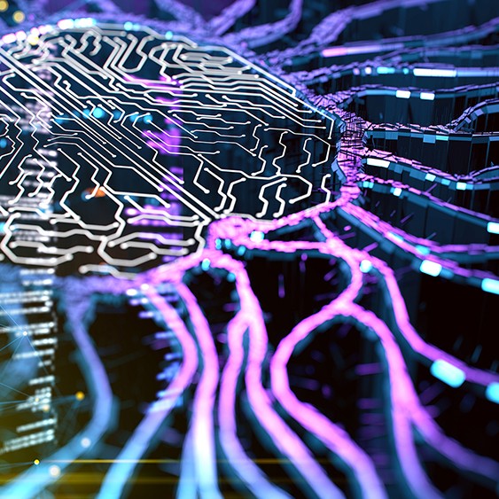 Digital background depicting innovative technologies in (AI) artificial systems, neural interfaces and internet machine learning technologies