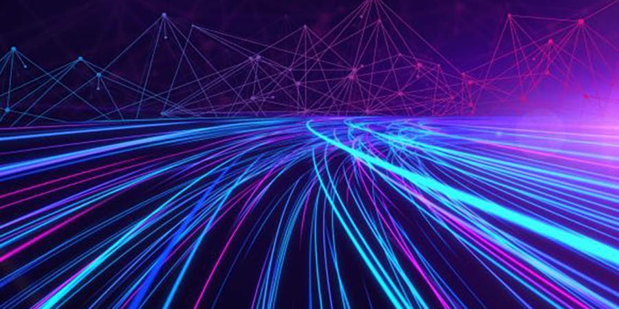 Graphic illustration showing blue and purple lines in the likeness of auto tail lights captured in a long exposure against a purple background. Mountains made of geometric triangle shapes appear in the background.