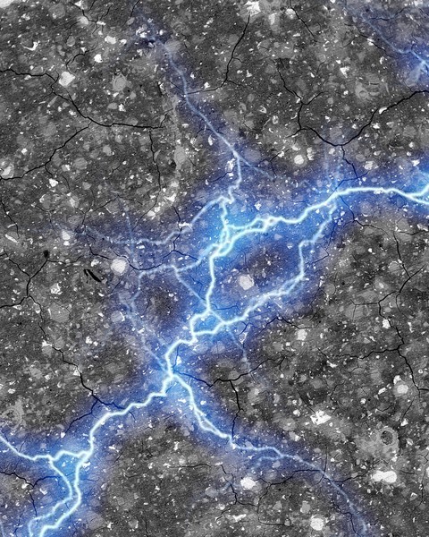 A streak of blue lightning, representing energy, spreads horizontally across a textured cement surface.