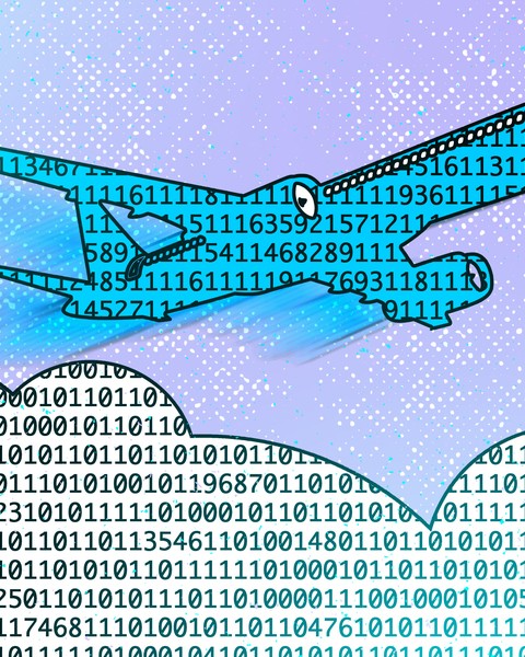 An airplane is composed of a pattern of numbers, but no zeroes. It flies over a cloud made of numbers, including many zeroes.