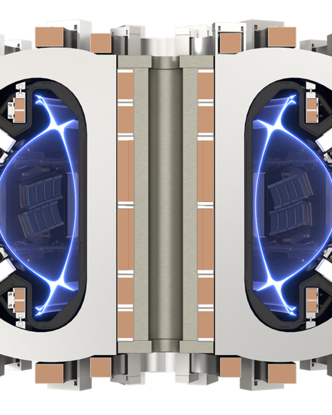 A computer rendering showing a mid-plane view of a magnetic confinement fusion tokamak. The structure consists of two semicircles, filled with a blue glow, connected by a hinge-like structure.