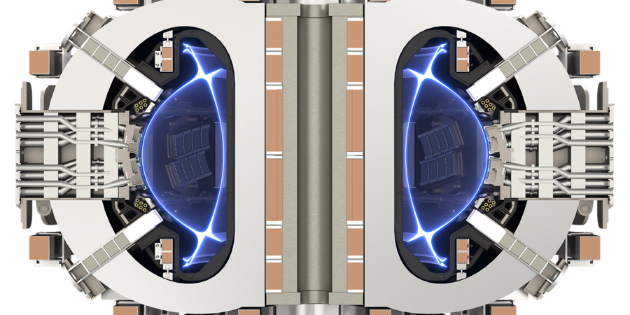 A computer rendering showing a mid-plane view of a magnetic confinement fusion tokamak. The structure consists of two semicircles, filled with a blue glow, connected by a hinge-like structure.