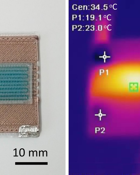 On left is a tiny rectangular device that is about 20-30 mm. On right is a heatmap of the device that shows the device is hotter in the middle.