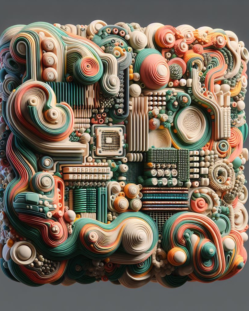 computer hardware chips made from soft malleable material in shades of green tan and red