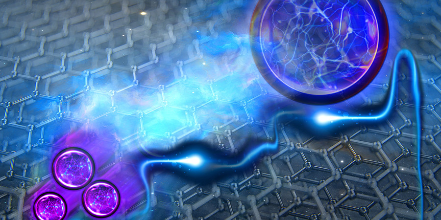 Three small purple spheres are on left, and one large purple sphere is on right. A bending stream of energy is between them. Graphene layers are in the background.