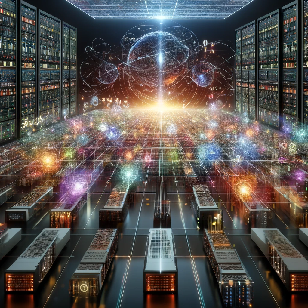 conceptual image of a network of computer servers processing data, complete with holographic displays of mathematical formulas and high-resolution images