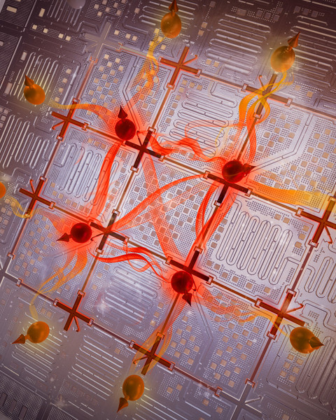 A futuristic quantum computer chip is made of a grid with qubits on the intersections. These red spherical qubits emit flame-like energy between them.