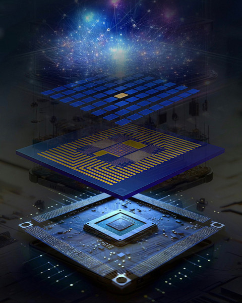 Rendering shows the 4 layers of a semiconductor chip, with the top layer being a vibrant burst of light.