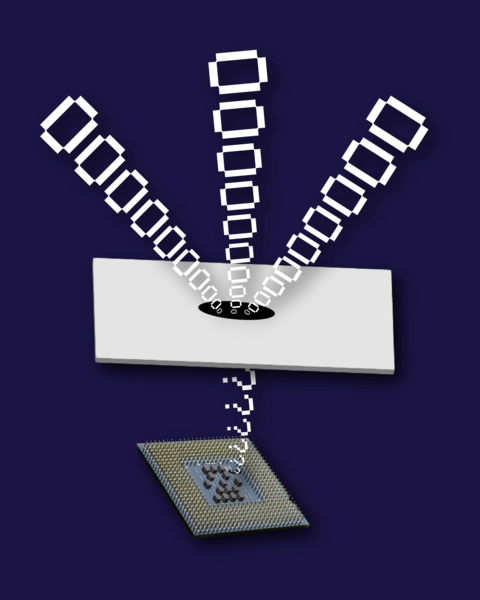 Illustration of code, represented by zeros, transforming into question marks after traveling through a white layer onto a computer chip