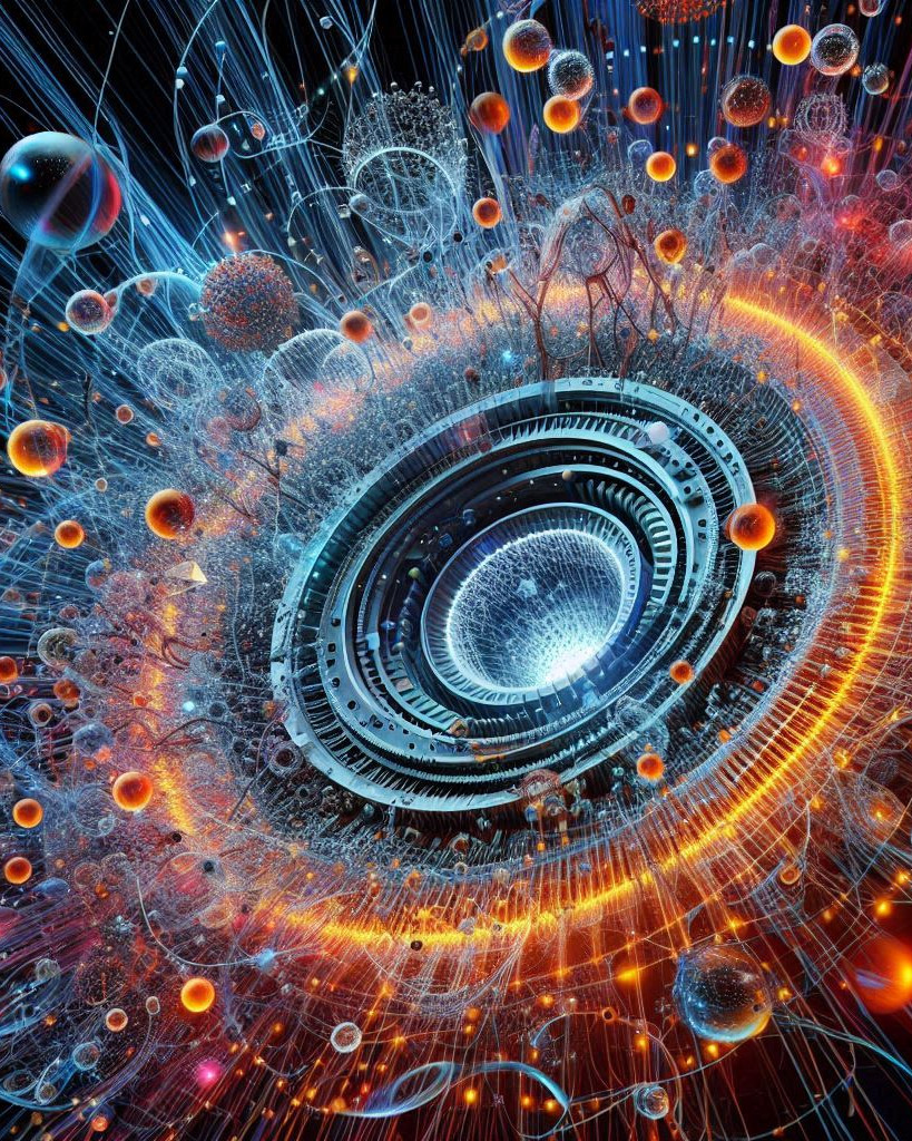 concentric mechanical rings in shades of blue and yellow surrounded by orbs in blue, yellow, pink, and red
