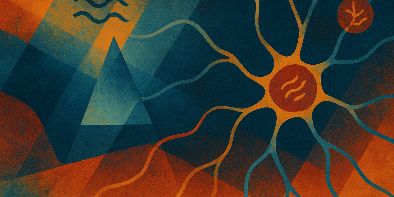 abstract visualization of fabricating magnetic neurons for neuromorphic computing in shades of blue and orange
