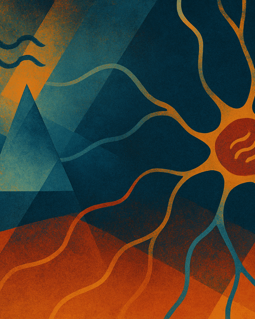 abstract visualization of fabricating magnetic neurons for neuromorphic computing in shades of blue and orange