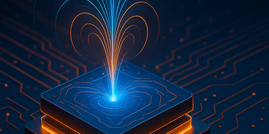 artistic visualization of magnetic transistor for more energy-efficient electronics in shades of blue, orange, and black