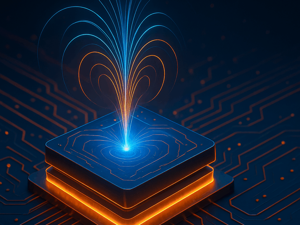 artistic visualization of magnetic transistor for more energy-efficient electronics in shades of blue, orange, and black