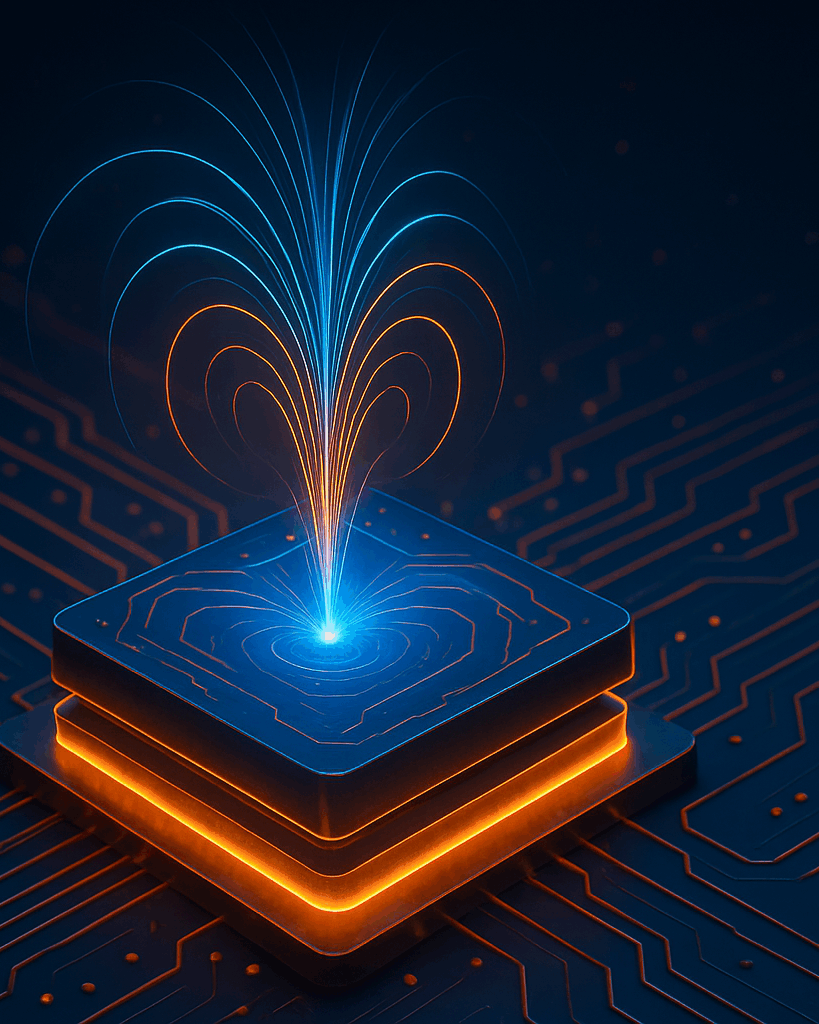 artistic visualization of magnetic transistor for more energy-efficient electronics in shades of blue, orange, and black