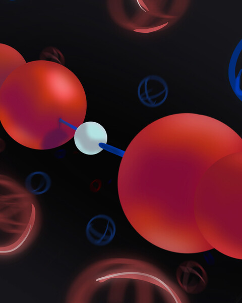 Two ions, made of red spheres, meet and a white sphere is transferred.