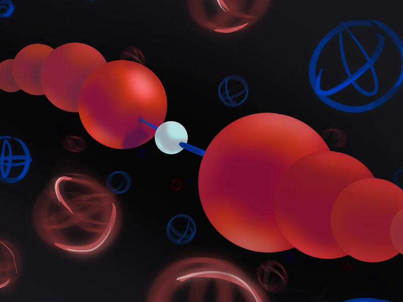 Two ions, made of red spheres, meet and a white sphere is transferred.