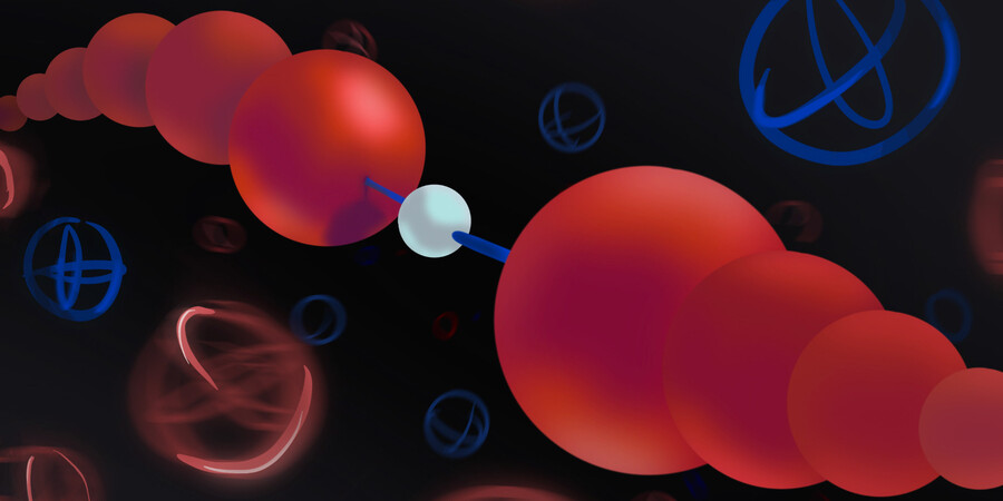 Two ions, made of red spheres, meet and a white sphere is transferred.