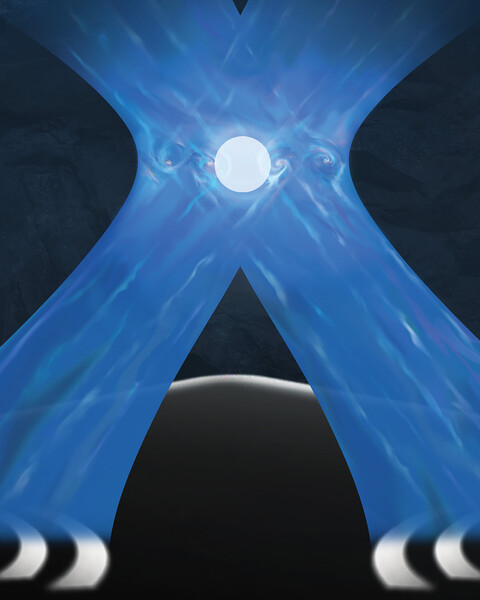 Two beams of blue light intersect and a spherical ion is at the center.