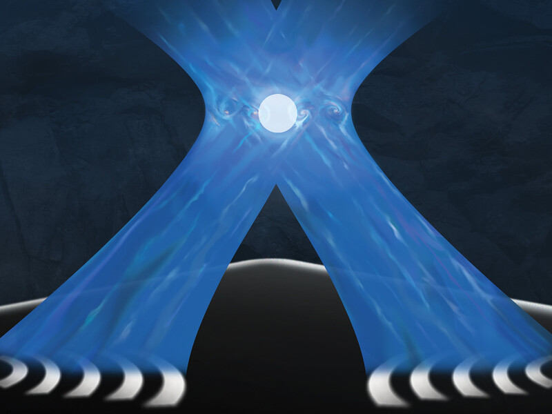 Two beams of blue light intersect and a spherical ion is at the center.