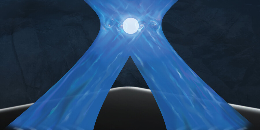 Two beams of blue light intersect and a spherical ion is at the center.