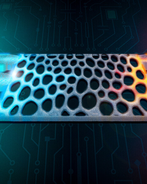 A computing device with pores, like cheese, is hot on one side and cool on the other.