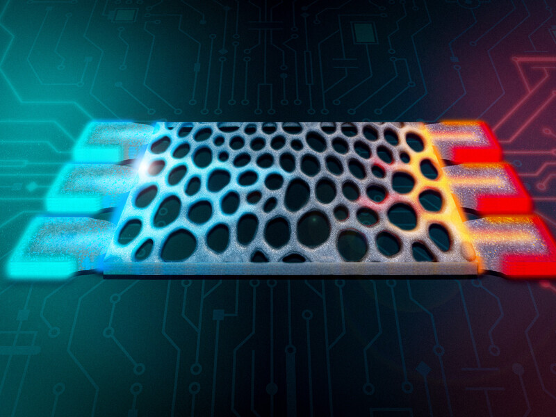 A computing device with pores, like cheese, is hot on one side and cool on the other.