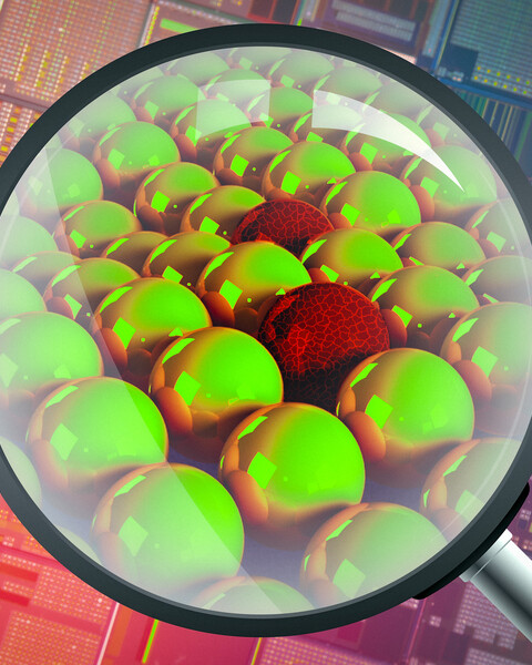 A magnifying glass seeing into a semiconductor and finding atoms, which look like smooth spheres but some are cracked and brittle.