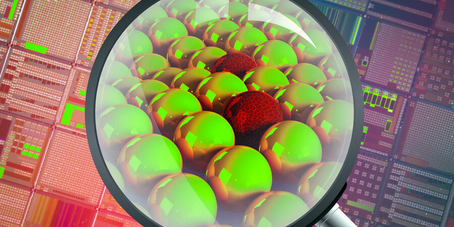 A magnifying glass seeing into a semiconductor and finding atoms, which look like smooth spheres but some are cracked and brittle.