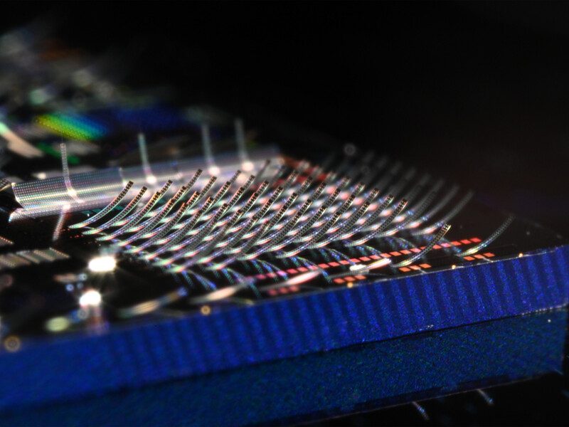 Photonic chip covered in microscopic structures that curl upward