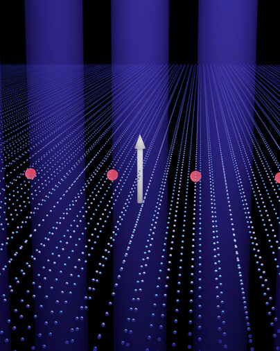 Hundreds of parallel lines comprised of spheres recede into the distance. In the middle ground are seven large red dots and a white 3D arrow pointing up.