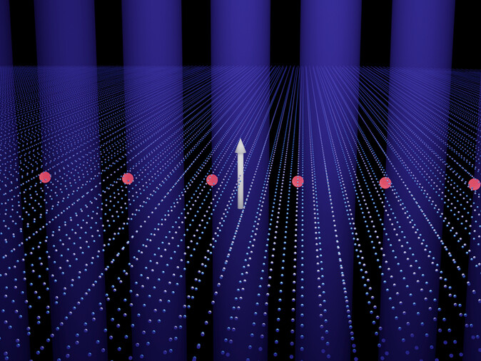 Hundreds of parallel lines comprised of spheres recede into the distance. In the middle ground are seven large red dots and a white 3D arrow pointing up.