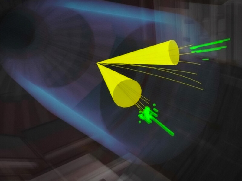 A rendering shows two particles interacting in a vast tube. The particles each create a yellow funnel showing their trajectory.