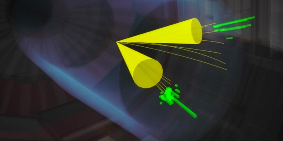 A rendering shows two particles interacting in a vast tube. The particles each create a yellow funnel showing their trajectory.