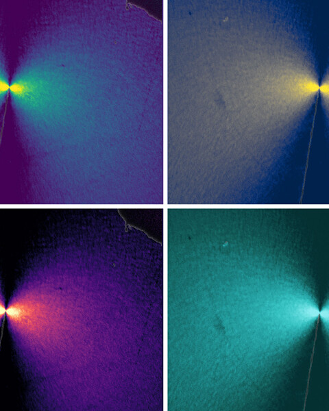 Four images show a tiny thread with a light. The light shines like a bowtie.