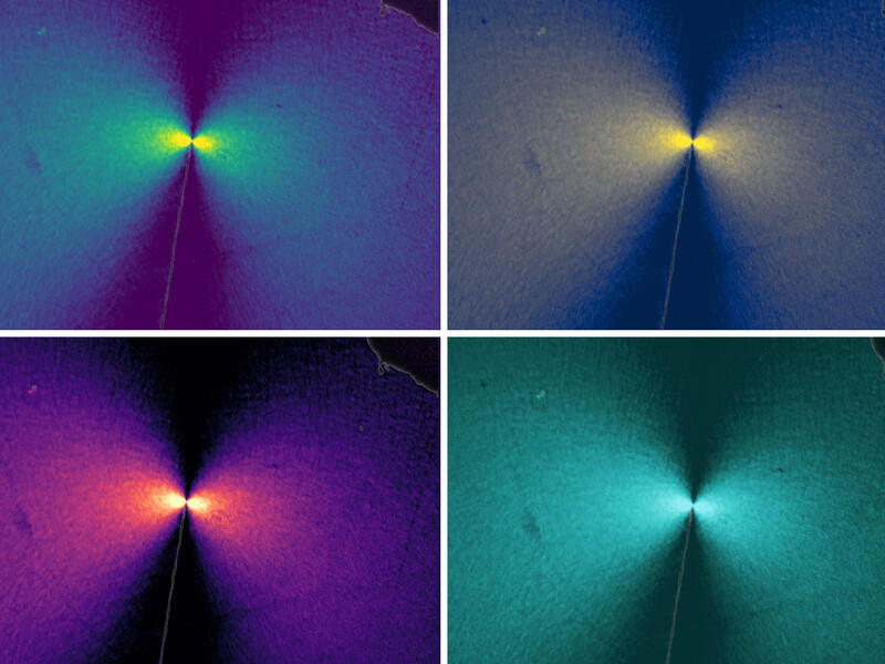 Four images show a tiny thread with a light. The light shines like a bowtie.