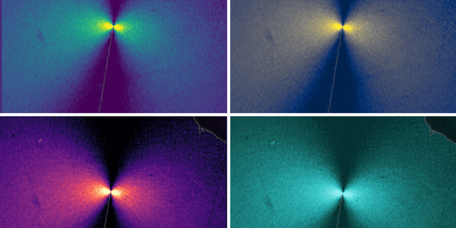 Four images show a tiny thread with a light. The light shines like a bowtie.